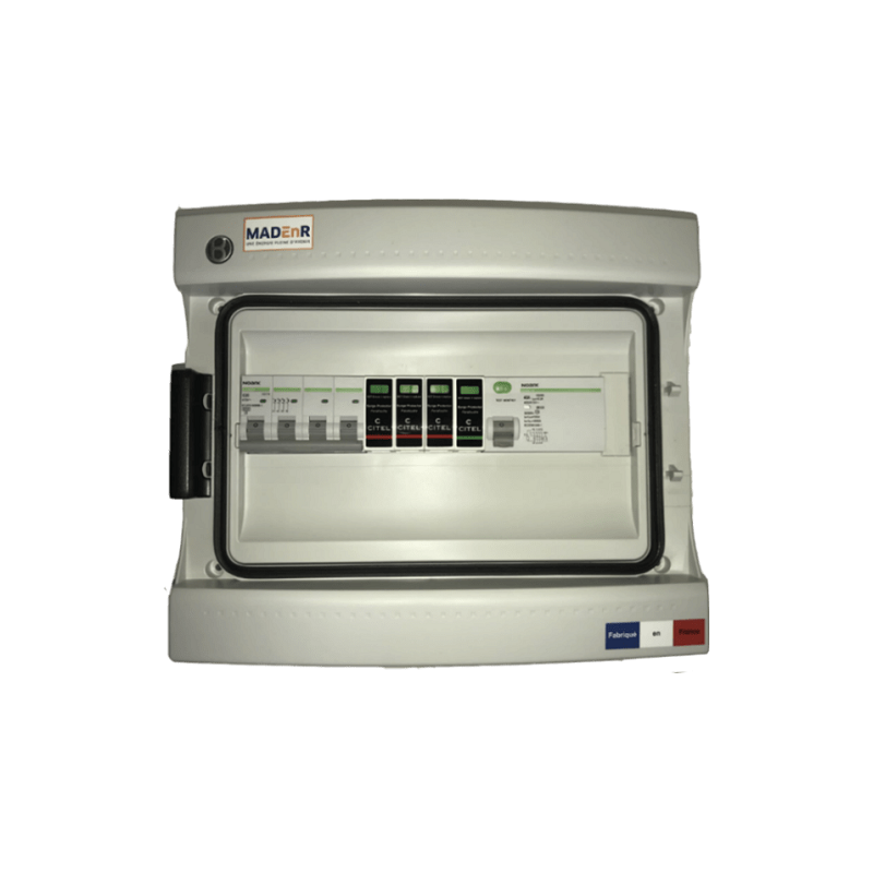 Coffret AC - Triphasé (1 onduleur de 10 à 12 kW) 1 disj. 20A + 1 diff. 40A / 300 mA B (autre batt. que HUA) + paraf. type 2 Coffret AC - Triphasé (1 onduleur de 10 à 12 kW) 1 disj. 20A + 1 diff. 40A / 300 mA B (autre batt. que HUA) + paraf. type 2